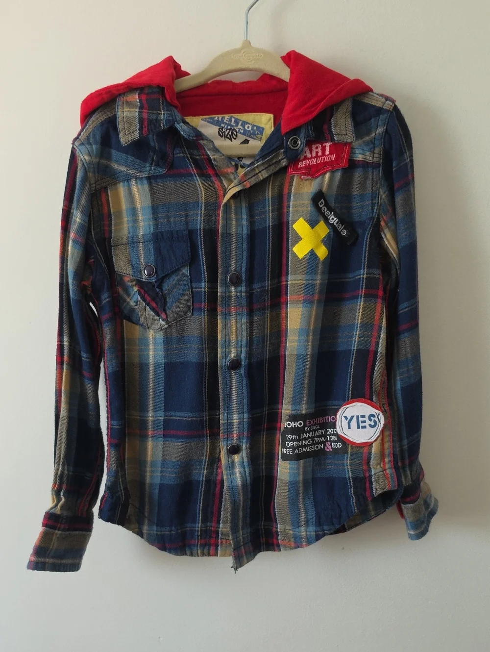 Desigual Boy's Flannel Snap Button Plaid Hooded Top Sz 4